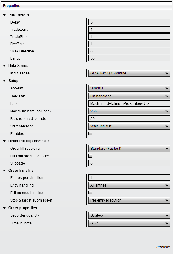 Mach-Trend Platinum Pro strategy settings panel on NinjaTrader 8