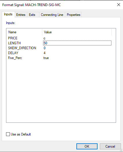Mach-Trend Platinum Pro strategy settings panel on MultiCharts