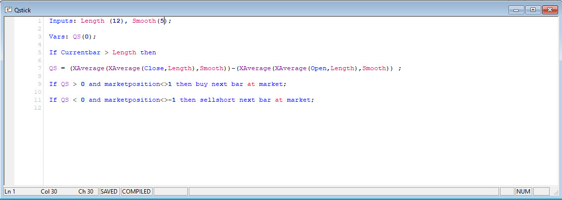 Qstick indicator used in a trading system